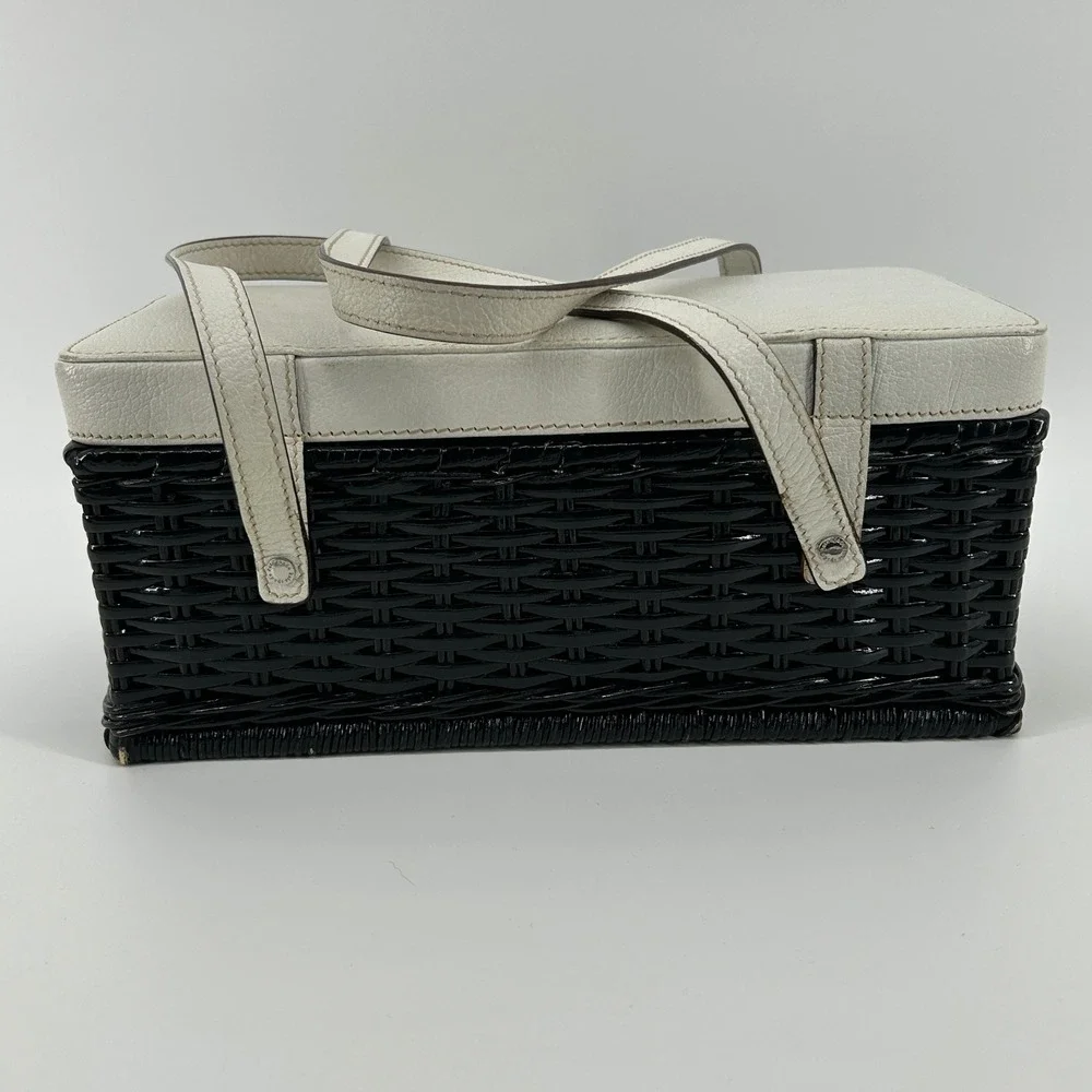 Vintage Kate Spade New York Black Wicker Basket White Leather Bag Polka Dot - Picture 13 of 16